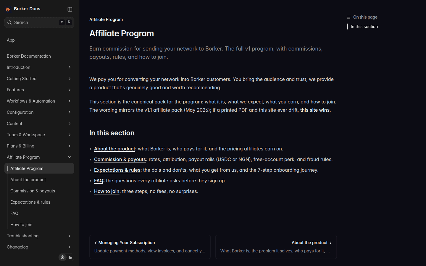 The Affiliate Program landing page in the docs, with sections for About, Commission, Expectations, FAQ, and How to join.