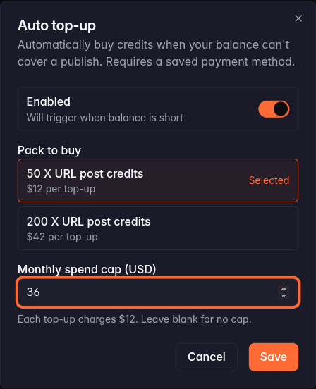 The auto top-up dialog with pack selection and a monthly spend cap