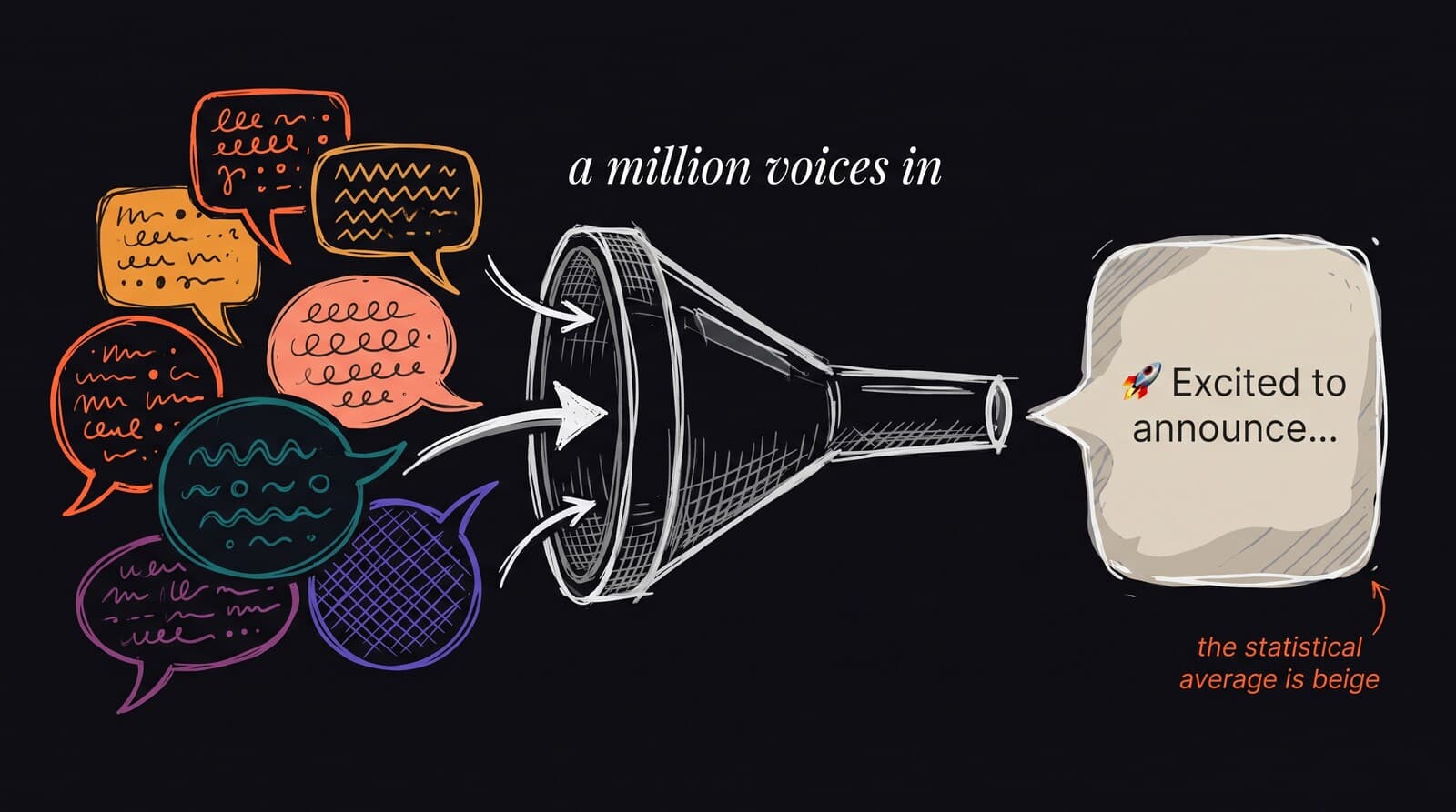 The averaging funnel: many distinct, colorful voices go into a funnel and one beige generic announcement comes out