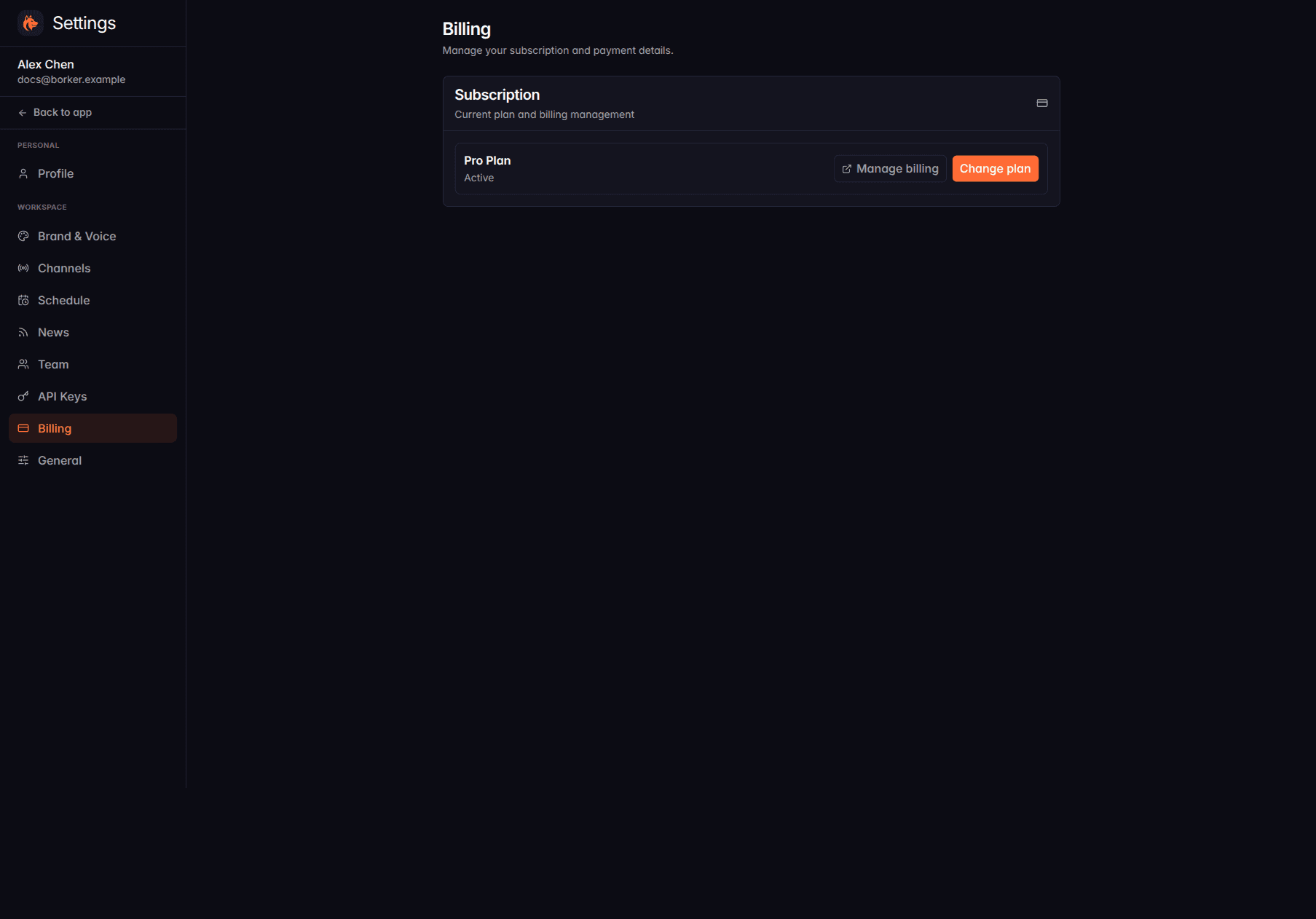 The Billing settings page showing the workspace on the Pro Plan with Manage billing and Change plan buttons.