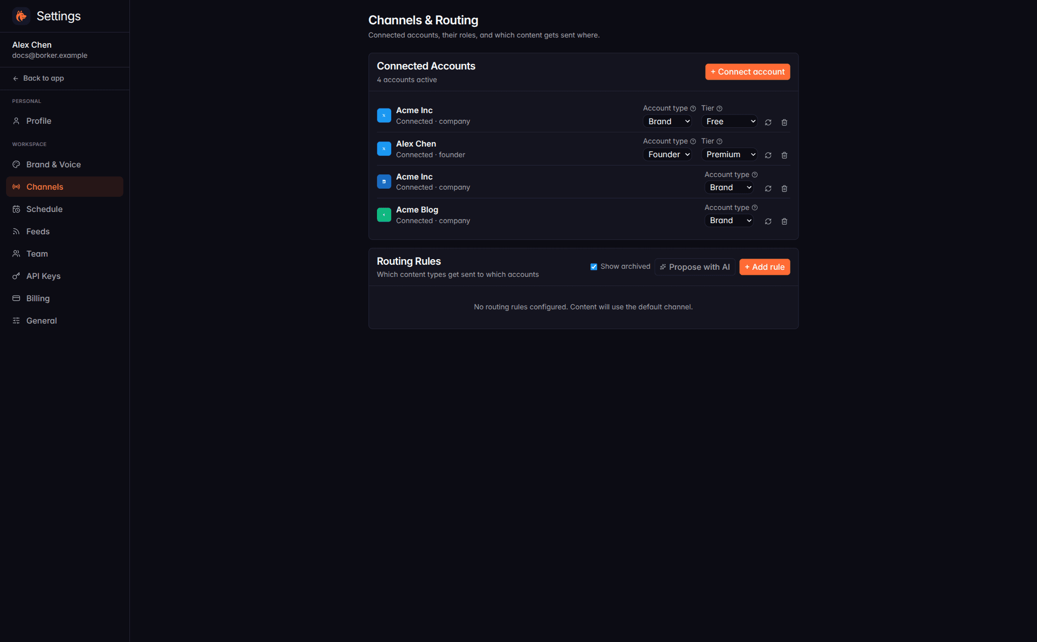 The Channels and Routing settings page with the Show archived toggle now switched on under Routing Rules. The connected-accounts list above stays clean (archived channels do not show), but rules pointing at archived channels are preserved and visible.