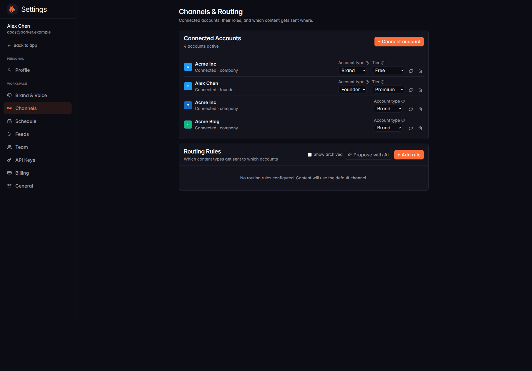 The Channels and Routing settings page with four connected accounts: two X accounts, one LinkedIn, and Acme Blog on Paragraph (the green icon, fourth row).