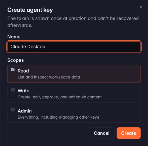 Choosing scopes when creating a key: read, write, or admin, each with what it allows