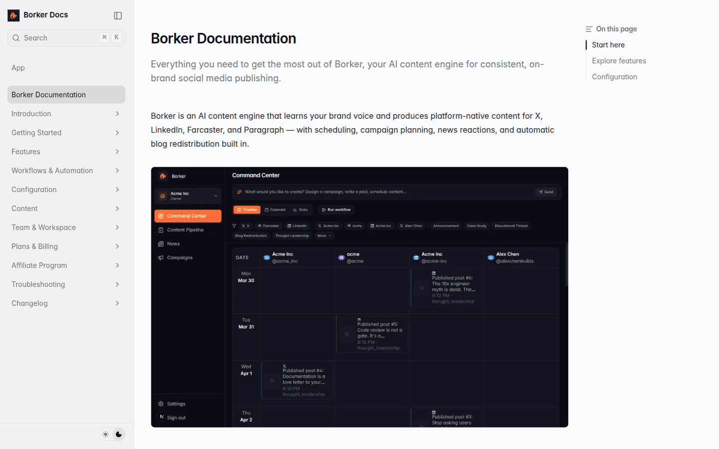 The /docs page in light mode, with the sidebar, table of contents, and main content all using the new light palette.