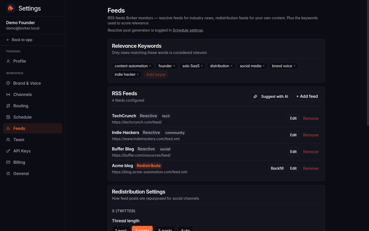 Settings Feeds page showing the muted Schedule settings hint near the top
