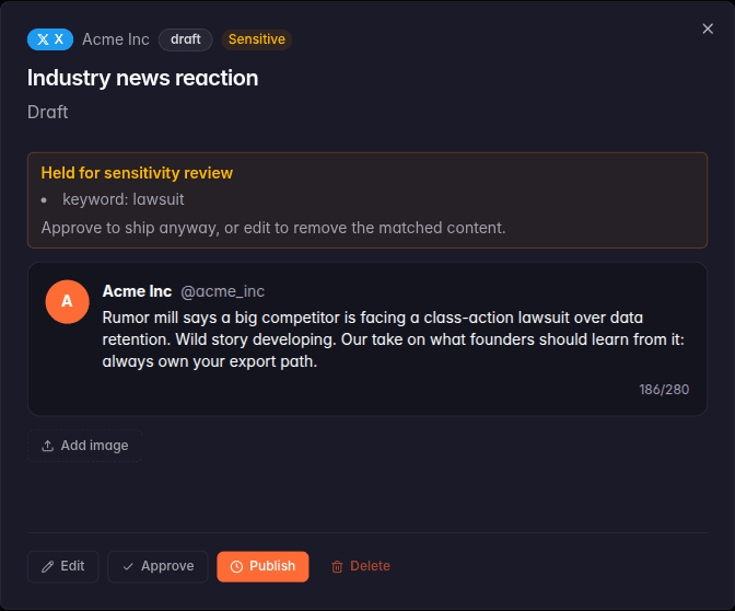 A held item showing the hold reason and the approve, edit, and publish actions