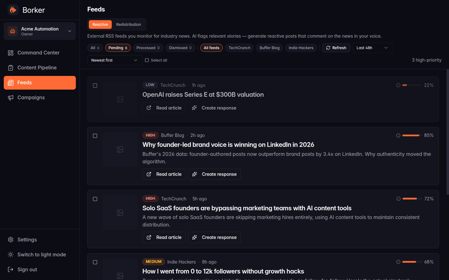 Feeds page with relevance scores per article, newest first