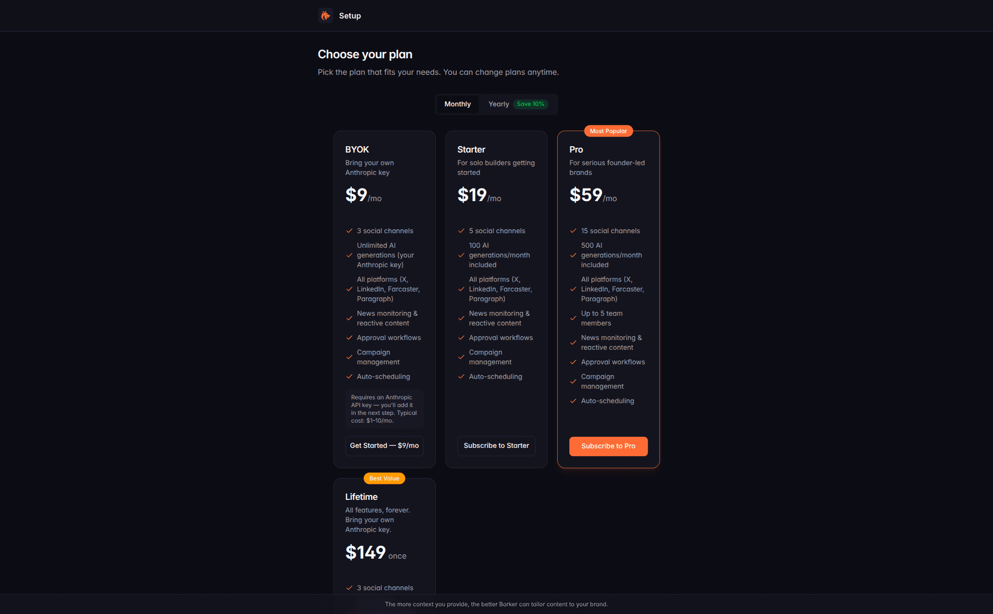The onboarding plan picker showing four plans side by side: BYOK at $9 a month, Starter at $19 a month, Pro at $59 a month with a Most Popular badge, and Lifetime at $149 once.