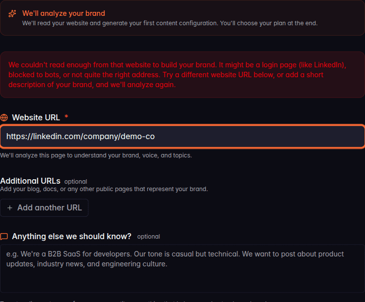 The onboarding step explaining it couldn't read the site, with the URL ready to edit