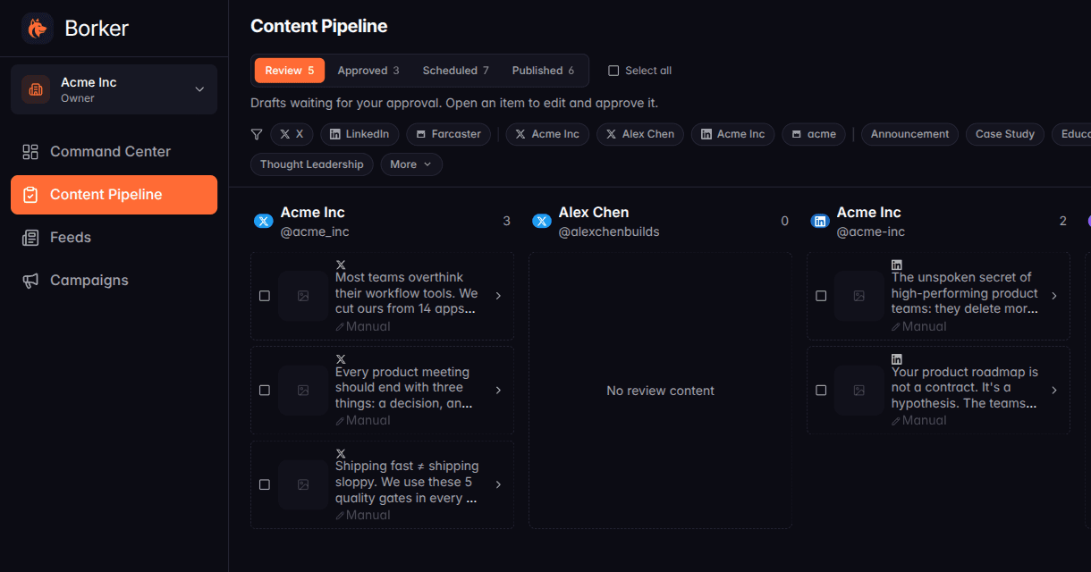 Borker's content pipeline: drafted posts awaiting review, short-form for X and longer format for LinkedIn, each in the brand's voice