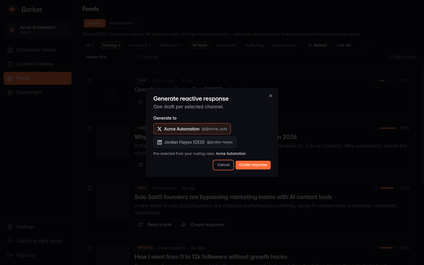 Generate reactive response modal showing a pre-selected channel with a note saying it came from a routing rule