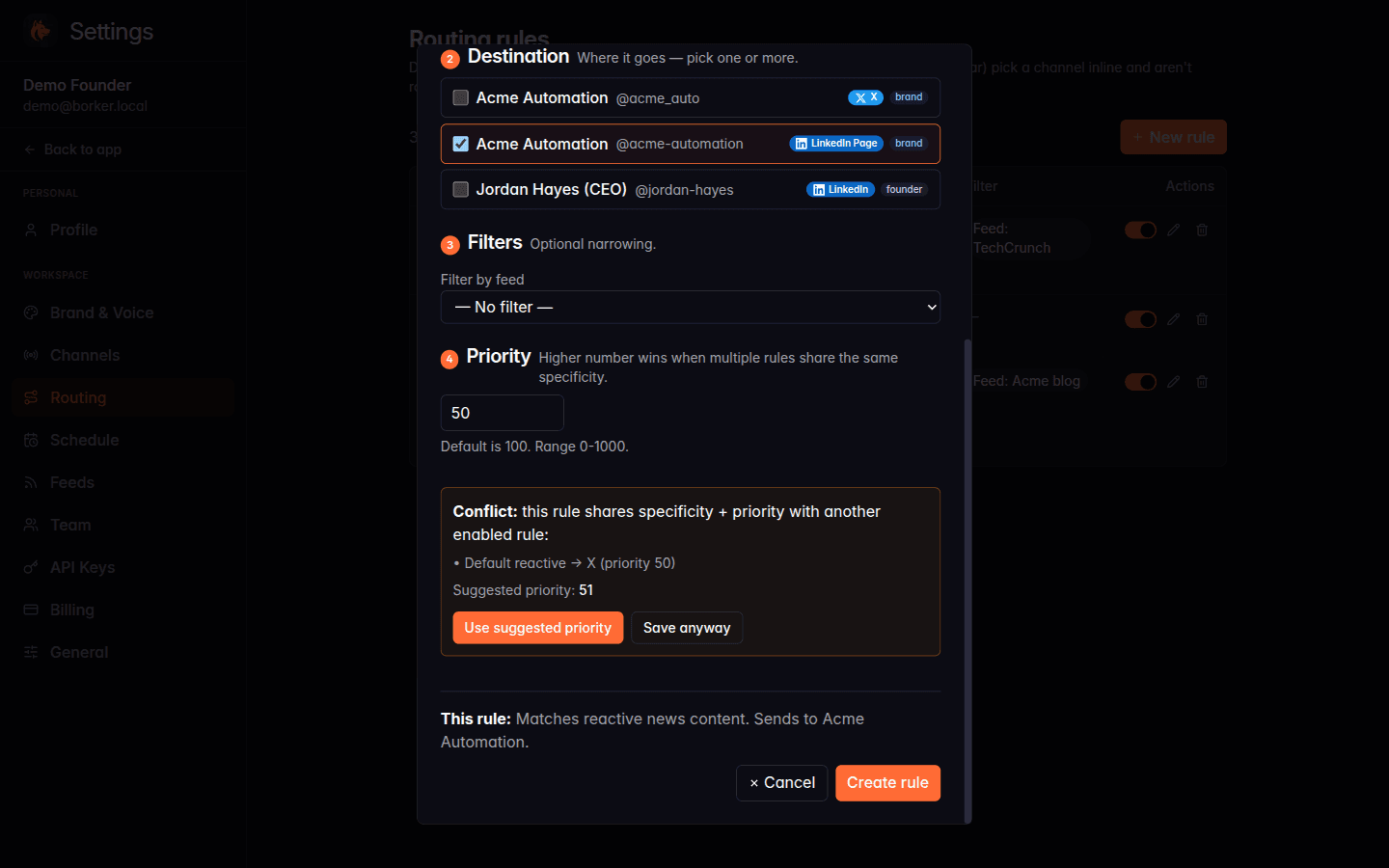Routing rule form showing a conflict warning with a suggested priority and Save anyway button