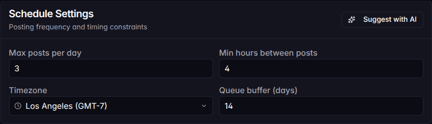 Schedule Settings card with Max posts per day, Min hours between, Timezone, Queue buffer all populated
