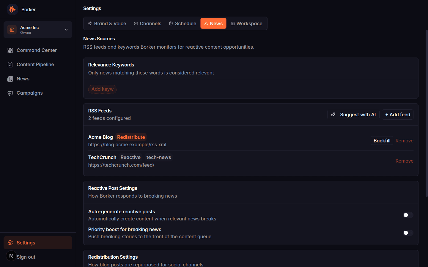 Settings News tab