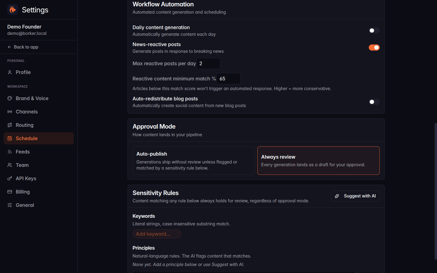 Settings Schedule page showing the Reactive content minimum match input set to 65