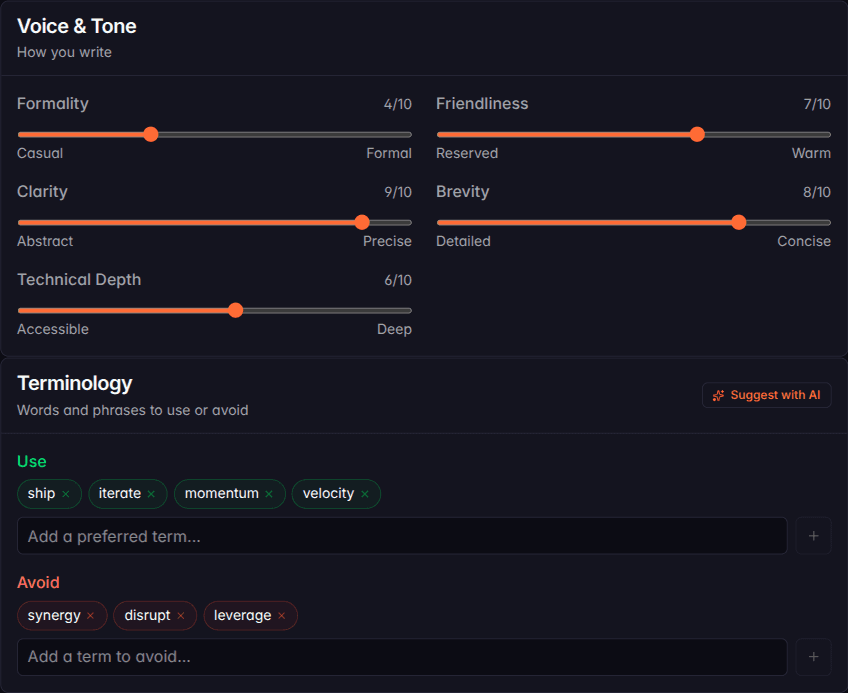 Borker's voice settings: attribute sliders for formality, friendliness, clarity, brevity, and technical depth, plus terminology lists of words to use and avoid