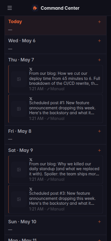 Mobile Command Center showing the daily content calendar