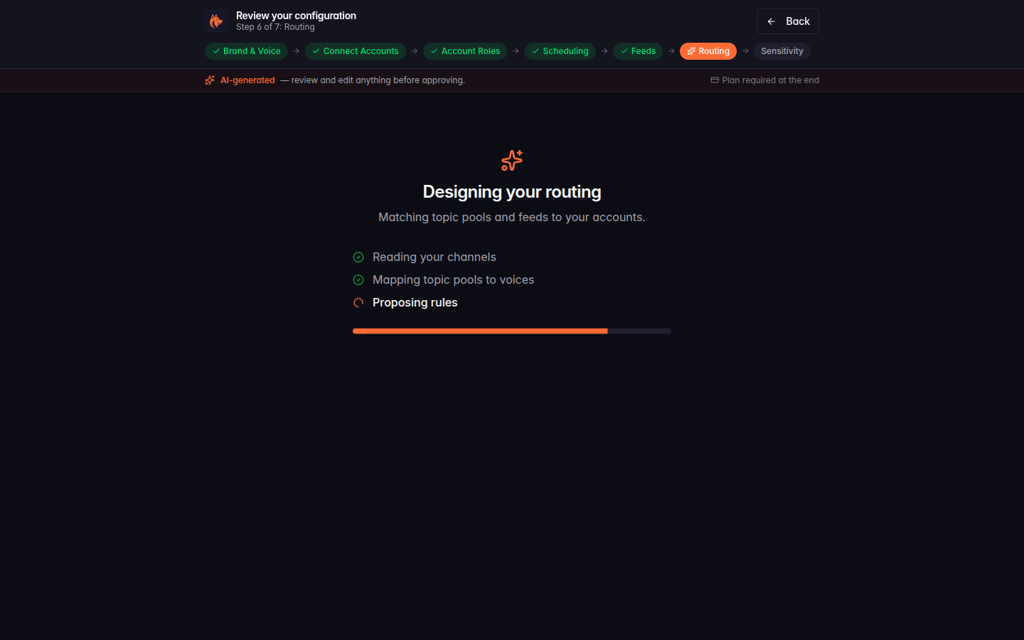 Onboarding step 6: the AI reads your channels, maps topic pools to voices, and proposes a starting routing setup. A progress indicator shows the steps as they complete.