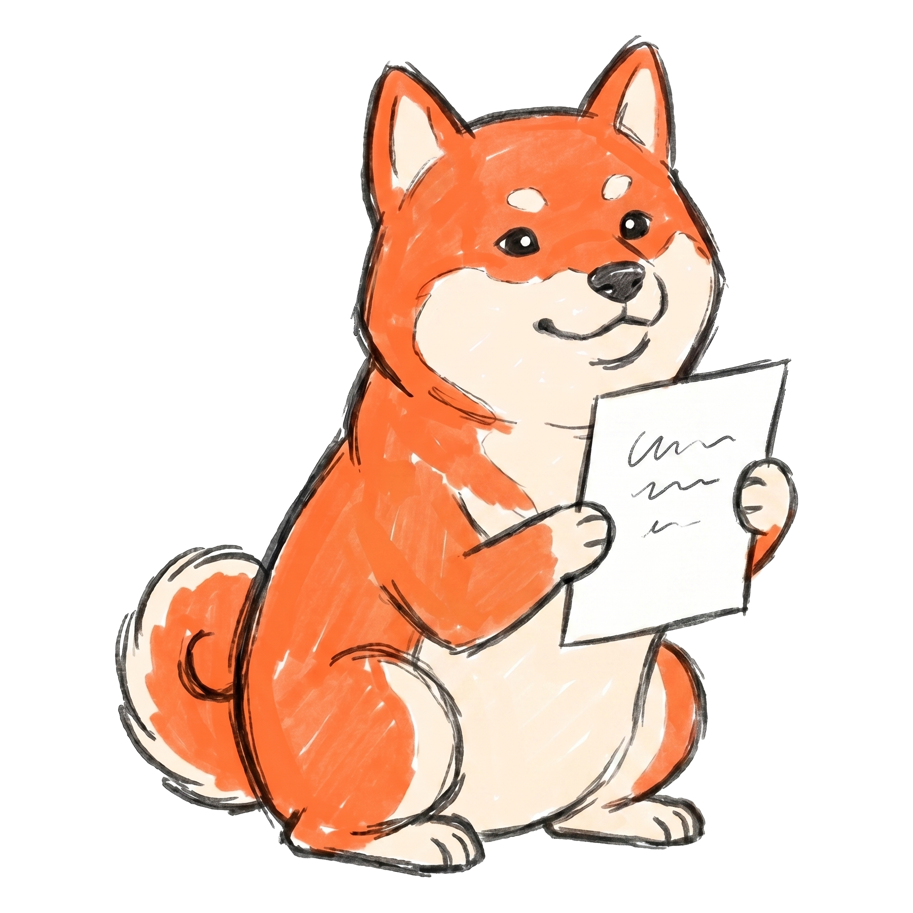 Borker Shiba holding a draft and reading it