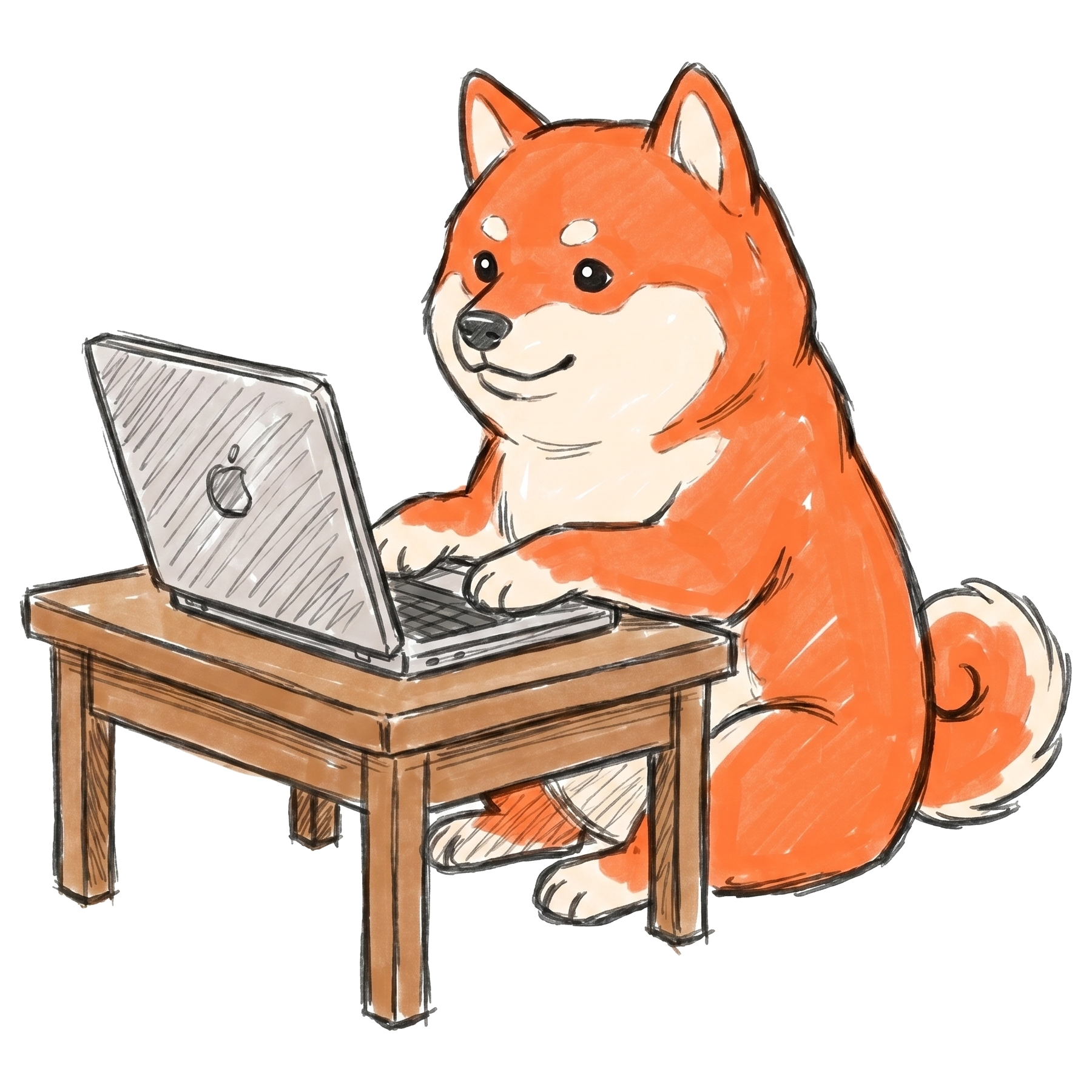 Borker Shiba at a small desk typing on a laptop