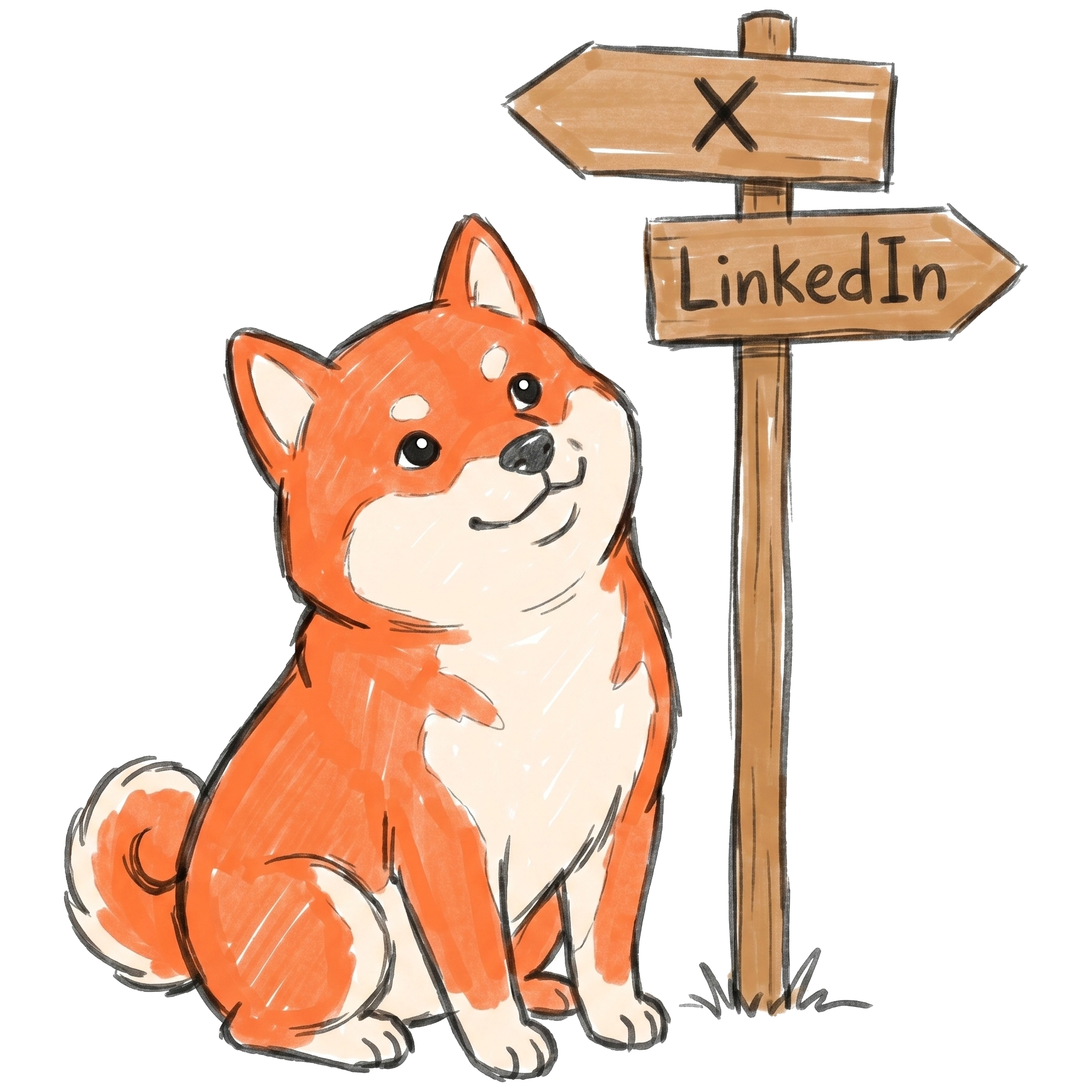Borker Shiba at a signpost with X and LinkedIn arrows