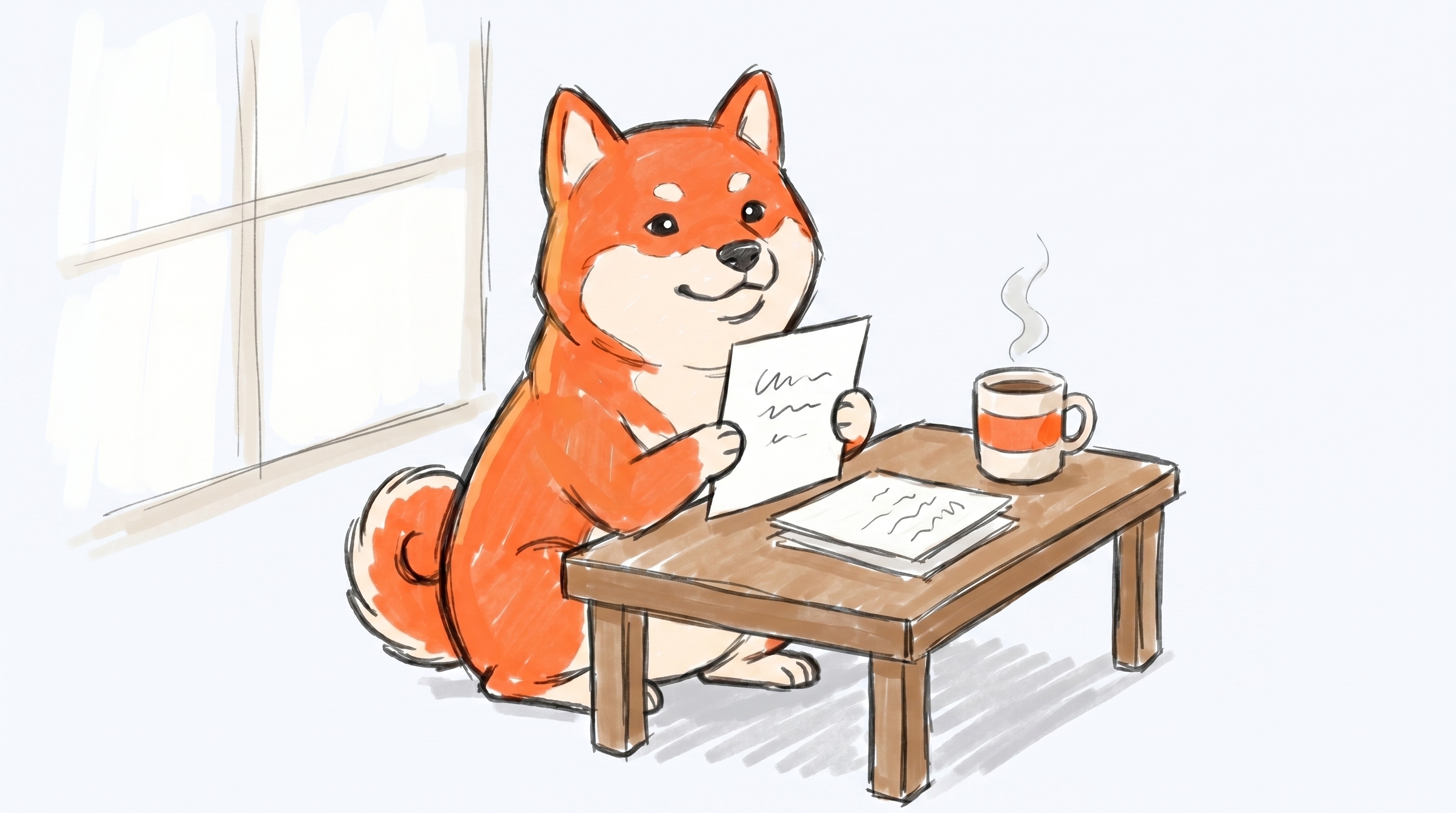 Borker Shiba at a reading desk with stacked papers and coffee