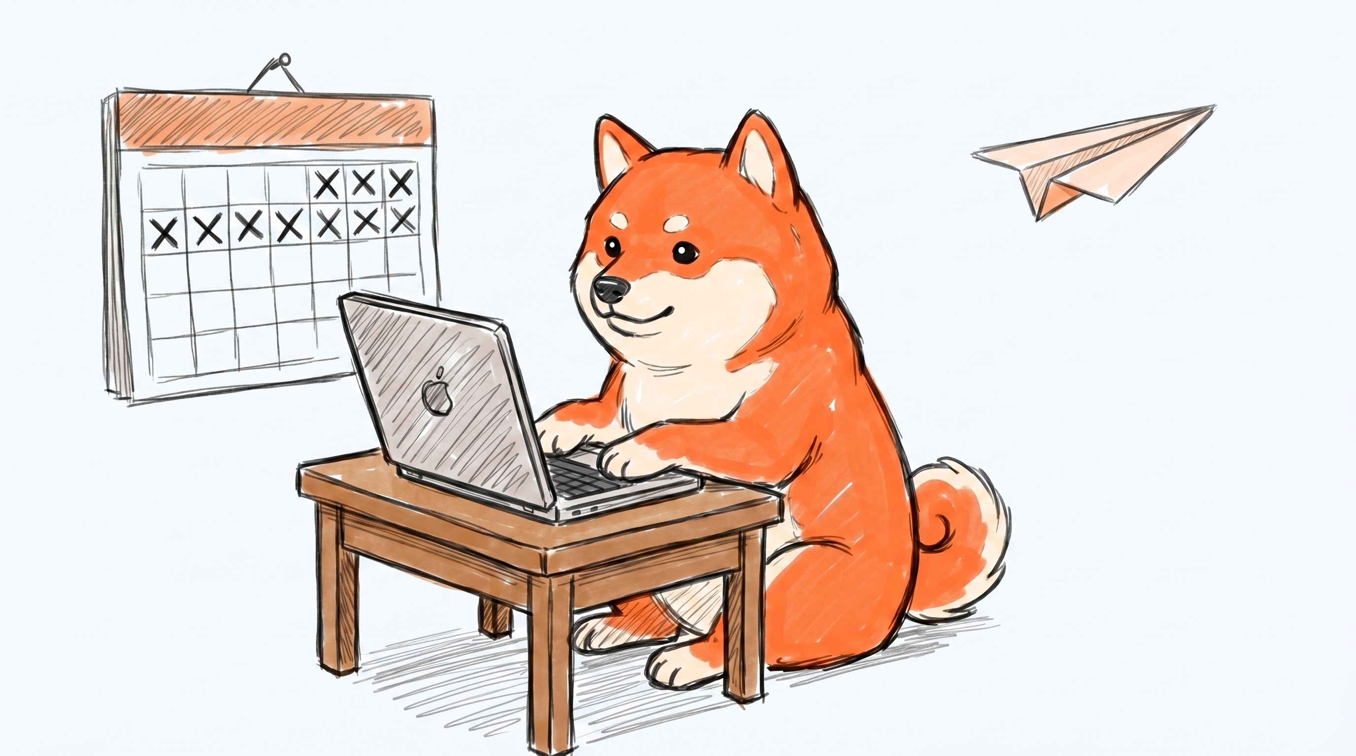 Borker Shiba at a desk with calendar and paper plane in flight