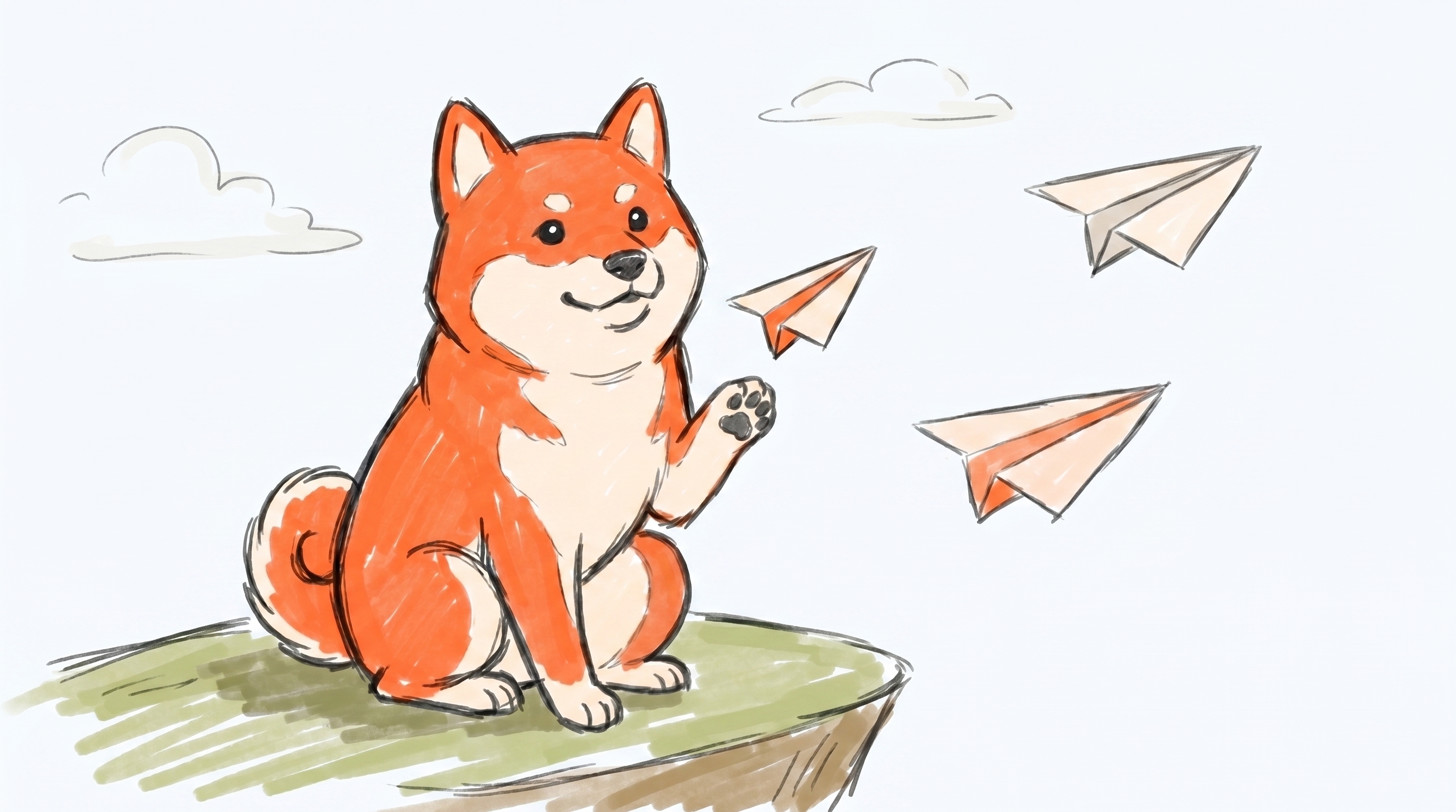 Borker Shiba on a platform with paper planes flying off