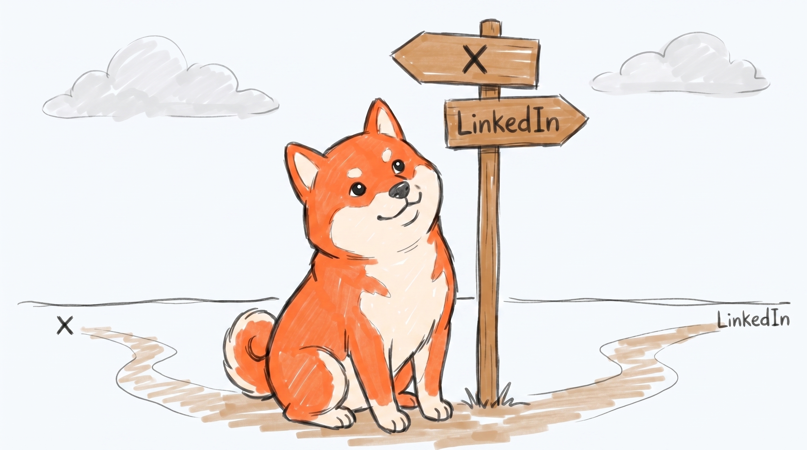 Borker Shiba at a signpost in a small open landscape