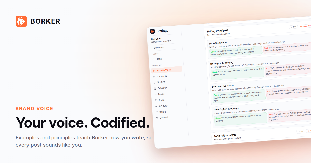 Light social card for the Brand voice principles view